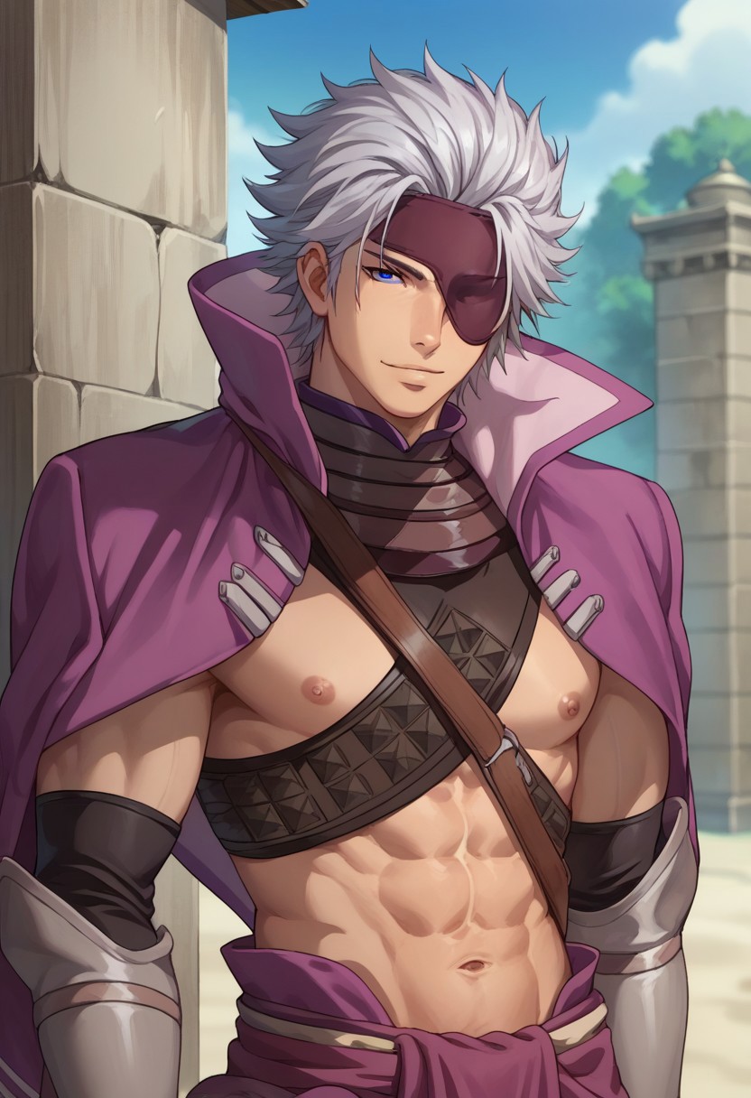 score_9, score_8_up, score_7_up, source_anime, highly detailed, 
Motochika, 1boy, male focus, solo, grey hair, short hair, blue eyes, eyepatch, jacket, purple jacket, jacket over shoulders, arm armor, gloves, abs, belt, shoulder belt, pants, upper body,
outdoor,