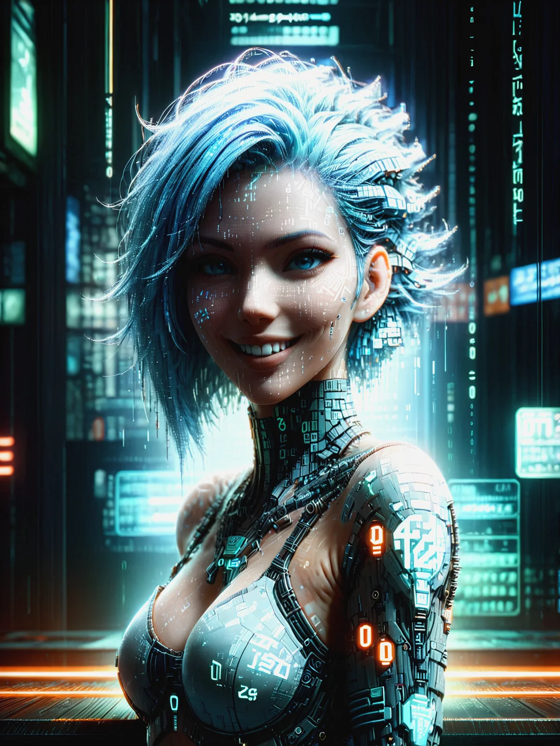 woman with light blue hair,  cyberpunk, crowded bar,  floating orange numbers, light smile, mad-dtstrm <lora:Neon_Cyberpunk_Datastream_SDXL:1.2>, (masterpiece:1.2), best quality