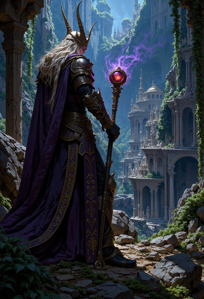 A dark elven sorceress stands among the ruins of a once-glorious city, now crumbling and overrun with creeping vines and shadows. Her silver hair cascades down her back in waves, and her violet eyes gleam with quiet power as she surveys the destruction around her. Her form-fitting, enchanted armor is a blend of dark steel and flowing fabrics, adorned with ancient runes. She holds a staff with a glowing orb at the top, a symbol of her arcane mastery. The staff pulses with dark magic, and the ground beneath her feet seems to shift as if the earth itself is responding to her presence. In the distance, the skeletal remains of an ancient city stretch out, partially swallowed by the jungle. The atmosphere is heavy with magic, the lighting soft and moody, casting long, dramatic shadows across the ruins and the sorceress.