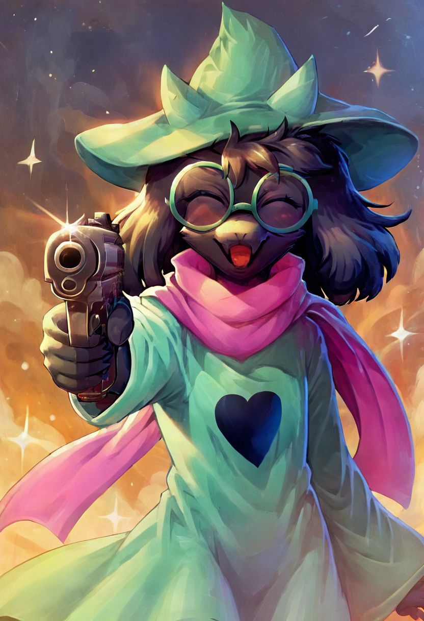 ((Deltarune, RalseiBlack, Green Hat, Green Robe, Green Glasses, Black Fur, closed eyes, Pink scarf, smiling, open mouth, Dynamic lighting, dynamic pose, high quality, detailed body, detailed drawing, beautiful face, high resolution, cute drawing, POV, (aiming pistol at viewer :1.2), 1 handgun, gun in right hand aiming at viewer, muzzle pointing to the viewer, gunatyou, solo))
 score_8_up,score_9, score_7_up,