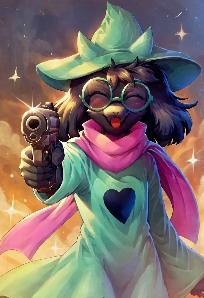 ((Deltarune, RalseiBlack, Green Hat, Green Robe, Green Glasses, Black Fur, closed eyes, Pink scarf, smiling, open mouth, Dynamic lighting, dynamic pose, high quality, detailed body, detailed drawing, beautiful face, high resolution, cute drawing, POV, (aiming pistol at viewer :1.2), 1 handgun, gun in right hand aiming at viewer, muzzle pointing to the viewer, gunatyou, solo))
score_8_up,score_9, score_7_up,