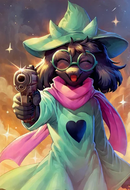 ((Deltarune, RalseiBlack, Green Hat, Green Robe, Green Glasses, Black Fur, closed eyes, Pink scarf, smiling, open mouth, Dynamic lighting, dynamic pose, high quality, detailed body, detailed drawing, beautiful face, high resolution, cute drawing, POV, (aiming pistol at viewer :1.2), 1 handgun, gun in right hand aiming at viewer, muzzle pointing to the viewer, gunatyou, solo))
score_8_up,score_9, score_7_up,