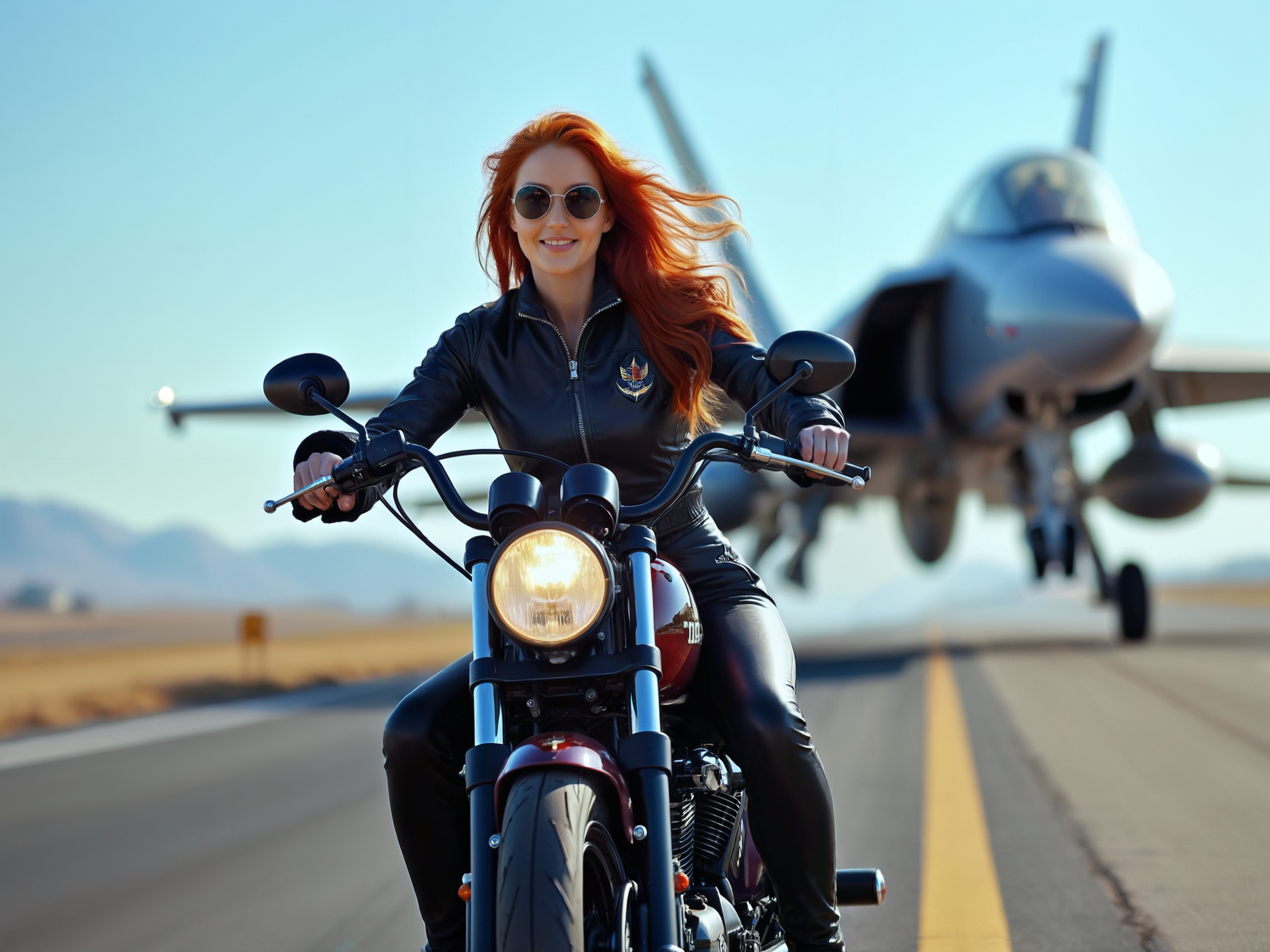 cinematic film still a colorful, high contrast, vivid photograph a beautiful woman smiles wearing a flight suit is the riding a Harley Motorcycle on an airport runway, wearing sun glasses, long red hair floating behind in the breeze, an F14 flying just in the air with no landing gear in the background racing her (the side of the motorcycle gas tank says TOP BUZZ:1.6), smoke emitted from behind the F14, highly insanely detailed, masterpiece, top quality, best quality, highres, 4k, 8k, RAW photo, shallow depth of field, vignette, highly detailed, high budget, bokeh, cinemascope, moody, epic, gorgeous, film grain, grainy