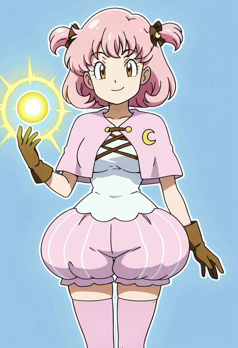 masterpiece, best quality, solo, curvy, beautiful eyes, narrow waist, large breasts, 1girl, solo, smile, looking at viewer, zzMomo, brown eyes, short hair, pink hair, hair bow, two side up, hair ornament, hair ribbon, capelet, white shirt, brown gloves, puffy shorts, pink thighhighs, zettai ryouiki, ,<lora:MomoByKurumiErika_IXL:1.0>, ,vivid aura, looking at viewer, blue background, smug, aura, super saiyan, charging energy, energy ball, energy, lightning, <lora:DBSBroly_Style_IXL_v2:0.6>,