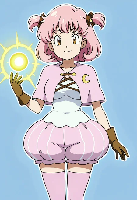 masterpiece, best quality, solo, curvy, beautiful eyes, narrow waist, large breasts, 1girl, solo, smile, looking at viewer, zzMomo, brown eyes, short hair, pink hair, hair bow, two side up, hair ornament, hair ribbon, capelet, white shirt, brown gloves, puffy shorts, pink thighhighs, zettai ryouiki, ,<lora:MomoByKurumiErika_IXL:1.0>, ,vivid aura, looking at viewer, blue background, smug, aura, super saiyan, charging energy, energy ball, energy, lightning, <lora:DBSBroly_Style_IXL_v2:0.6>,