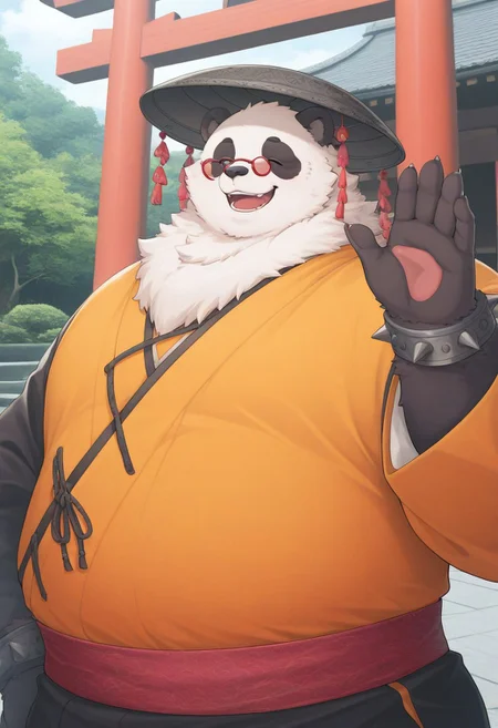 masterpiece, detailed background, best quality, absurd res, high detail, aesthetic, detailed eyes
BREAK
Anthro,panda male,PanYiHun,fat male, huge body, fluffy, neck tuft, fluff, tall male, male focus, close-up, broad shoulders, orange japanese clothing, metal spike bracelets, red mini glasses, metal japanese hat, long sleeves, (red sash), open mouth, smile, waving,
BREAK
Outdoors, japanese garden, Torii gates, sakura trees, detailed background,