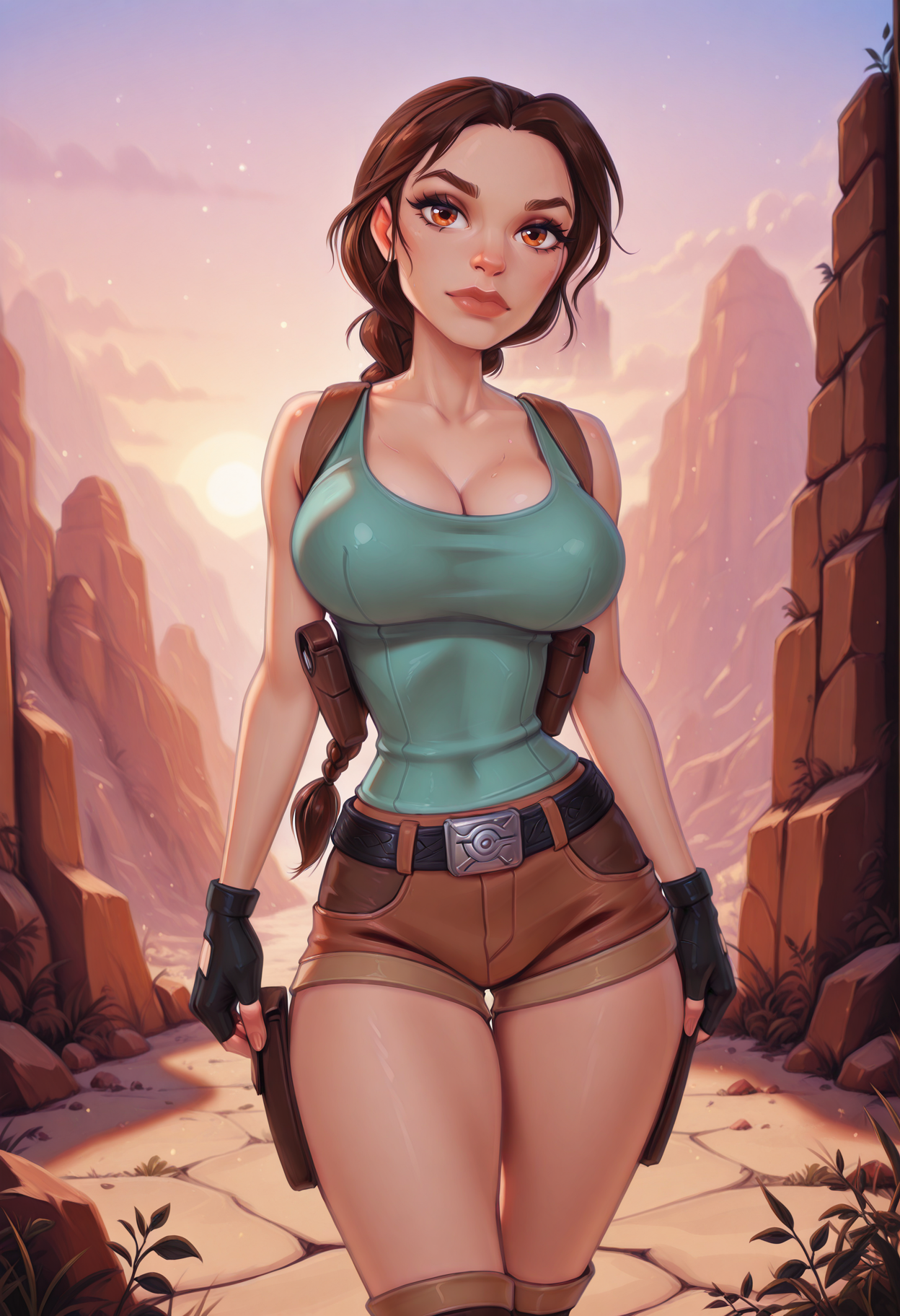 <lora:NM_Cherry_gig:0.4>, <lora:personal_ami_style_illustrious:0.6>, personal ami, <lora:StS-Illustrious-Detail-Slider-v1.0:4>, very aesthetic, masterpiece,best quality,amazing quality,newest, 8K, depth of field, slim girl, fit body, volumetric lighting, adult woman, 
<lora:NM_TR_Lara_Croft_ill:1>, NM_TR_Lara_Croft_ill,  1girl, solo, lara croft, tomb raider, 1girl, solo, brown eyes, brown hair, long hair, braid, breasts, large breasts, lips,
taut clothes, taut shirt, tank top, shorts, short shorts, brown shorts, belt, gloves, fingerless gloves, holster, shoulder holster, boots, brown boots,
looking at viewer, outdoors, egypt background,