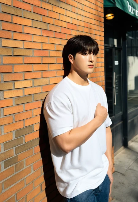 <lora:AsianGuy:1>, AsianGuy, (nodaeng:1.5), masterpiece, ultra-HD, cinematic lighting, photorealistic, (impressionism:1.5), high detail, depth of field, (blurred background), (dramatic lighting),masterpiece, best quality, very aesthetic,8k,masterpiece, best quality, realistic, masterpiece, best quality, 8k,
, simple_background, short hair, asian boy, handsome man, korean man, extacy on face,, male focus, (best quality, 8K, high resolution, extreme detail, outstanding composition:1.4), (an 18 year old young man leaning against a wall at a street corner), very aesthetic, solo, ((insanely handsome boy)), ((detailed face))), (((perfect detailed handsome jock face))), BREAK cute, intimate, dark hazel eyes, dark brown hair, crew cut hair, preppy outfit, white t-shirt, jeans, standing, leaning, brick wall, BREAK portrait, cowboy shot, Ultra detailed, insanely detailed, beautiful, masterpiece, highly detailed, calm, somber, early morning, sun rays, outdoors, people in the background, street, New York, Little Italy, Bronx, 1950's Technicolor style, Classic Film Noir style