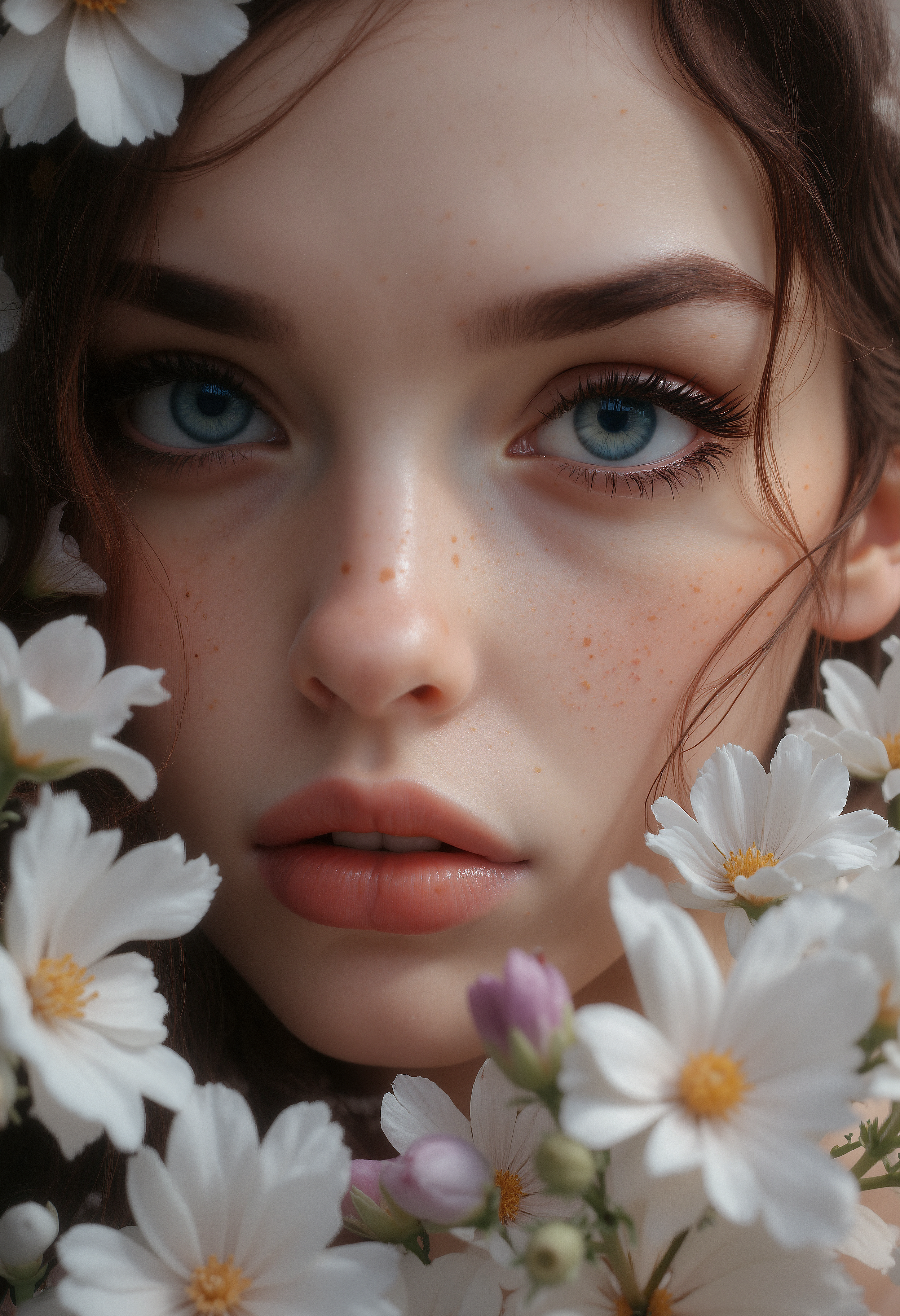 A hyper-realistic close-up of a young woman's face, surrounded by delicate white and pink flowers. She has pale, freckled skin with visible pores and small blemishes, giving her an authentic, natural look. Her full lips are a soft, natural pink color, slightly parted. Her blue eyes are striking and vivid, framed by dark, slightly unruly eyebrows. Soft, dappled light filters through the flowers, casting intricate shadows on her face. The flowers are in full bloom, with delicate petals in shades of white and pink, surrounding her face closely, almost framing it. The background is blurred and indistinct, focusing all attention on the woman's face and the surrounding flowers. The image captures a serene, peaceful atmosphere with high attention to detail and texture.    <lora:FluxDFaeTasticDetails:0.8>   <lora:aidmaImageUpgrader-FLUX-V0.1:0.33> detailmaximizer,