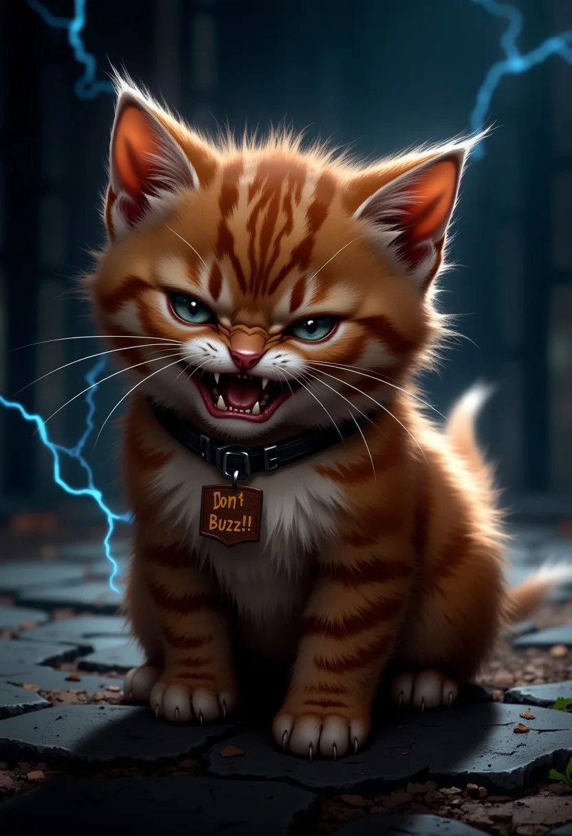 score_9, score_8_up, score_7_up,
plump, crimson kitten, wearing a collar with a tag, ((tag reads "Don't Buzz!!")),
(puffed up kitten, angry kitten), electrified fur, hissing, attack kitten, thick fluffy fur, long ears, chest tuft, perfect feline eyes, perfect paws with (long sharp claws), smooth detailed snout, night time, stormy night, outdoors
high resolution, detailed, 4k, realism, rule of thirds, golden ratio, depth of field,