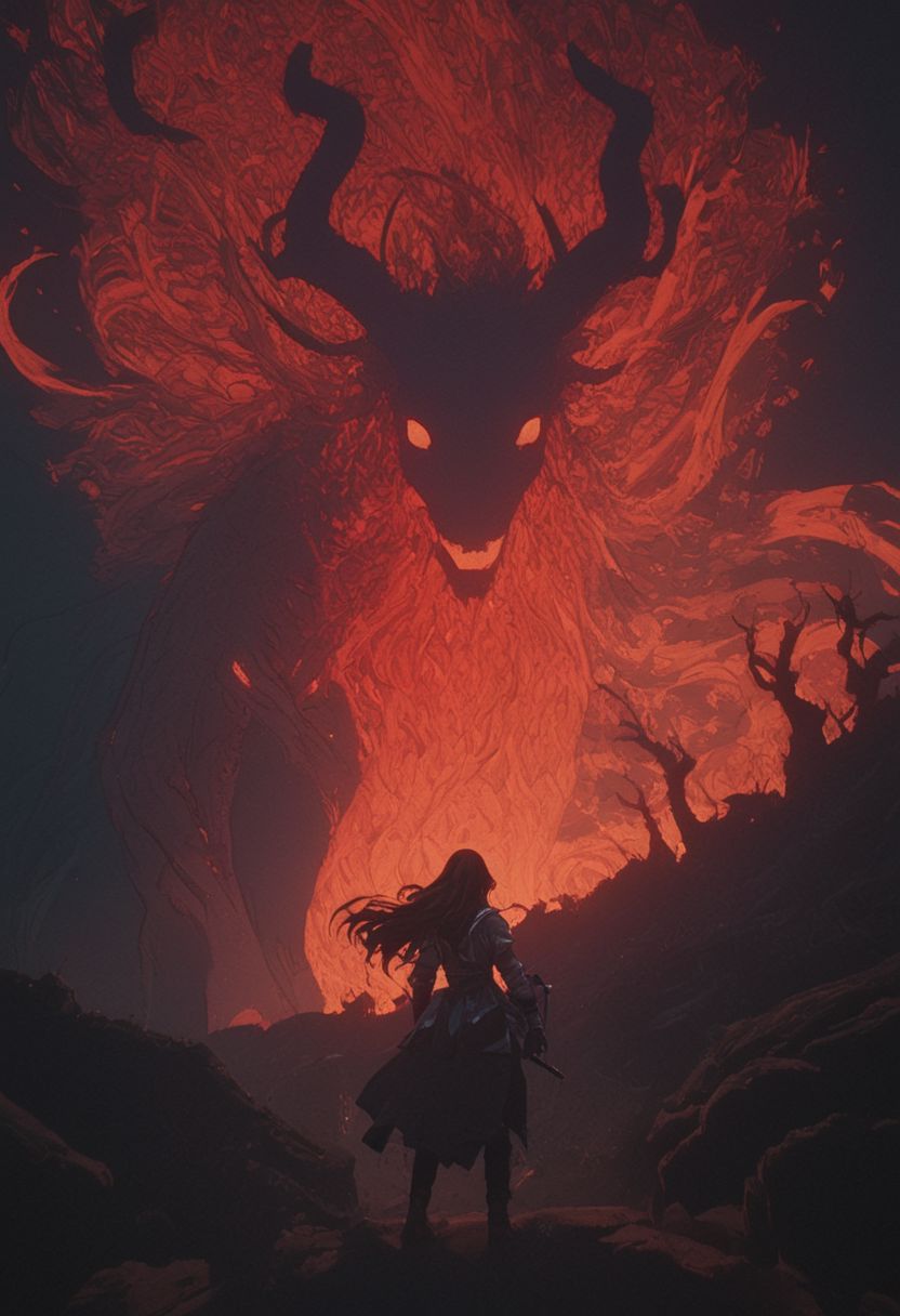 Bosstyle, Silhouette of a Woman with Long Neon White billowing Hair fighting a giant DARK mononoke Monster Boss resembling a ethereal goat with Horns and goat-eyes: Capture the essence of nostalgia and color in this vintage photograph. Dominating the scene is a meticulously detailed, translucent dark-red Blood filled goat, adorned with vibrant patterns, blending seamlessly with its surroundings. Its long tail, composed of intricately woven ribbons in a spectrum of colors, trails behind, adding to the spectacle of the moment. Amidst the quietude of the night, its presence exudes a sense of ancestral strength and resilience. Behind it, the low-toned hues of the Milky Way cast a mesmerizing backdrop, a cosmic tapestry weaving tales of both past and future. In this moment, the convergence of tradition and technology, of ancient wisdom and industrial progress, hangs palpably in the air., atmospheric haze, Film grain, cinematic film still, shallow depth of field, highly detailed, high budget, cinemascope, moody, epic, OverallDetail, 2000s vintage RAW photo, photorealistic, candid camera, color graded cinematic, eye catchlights, atmospheric lighting, imperfections, natural, shallow dof