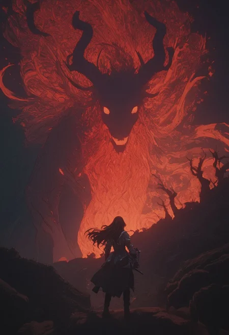 Bosstyle, Silhouette of a Woman with Long Neon White billowing Hair fighting a giant DARK mononoke Monster Boss resembling a ethereal goat with Horns and goat-eyes: Capture the essence of nostalgia and color in this vintage photograph. Dominating the scene is a meticulously detailed, translucent dark-red Blood filled goat, adorned with vibrant patterns, blending seamlessly with its surroundings. Its long tail, composed of intricately woven ribbons in a spectrum of colors, trails behind, adding to the spectacle of the moment. Amidst the quietude of the night, its presence exudes a sense of ancestral strength and resilience. Behind it, the low-toned hues of the Milky Way cast a mesmerizing backdrop, a cosmic tapestry weaving tales of both past and future. In this moment, the convergence of tradition and technology, of ancient wisdom and industrial progress, hangs palpably in the air., atmospheric haze, Film grain, cinematic film still, shallow depth of field, highly detailed, high budget, cinemascope, moody, epic, OverallDetail, 2000s vintage RAW photo, photorealistic, candid camera, color graded cinematic, eye catchlights, atmospheric lighting, imperfections, natural, shallow dof