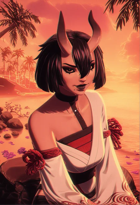 GLSHS,delicate colors,partially illuminated, (masterpiece, absurdres, very awa:1.4), golden hour, orange theme, sunset, beach, rocks, beach ball, sand, palm tree, smug, looking at viewer, female focus, (portrait:1.3), fortnitenightrose, 1girl, solo, black hair, short hair, bob cut, bangs, hair between eyes, hair over one eye, asymmetrical horns, oni horns, horns, skin-covered horns, black eyes, black sclera, colored sclera, closed mouth, mole, mole under mouth, black lips, lipstick, makeup, choker, black choker, wide sleeves, long sleeves, detached sleeves, off shoulder, armor, japanese armor, japanese clothes, kimono, white kimono, obi, sash, kusazuri, red rope, gloves, black gloves, pants, natural hot spring, sitting on rock with legs dipped in water, wet skin, towel draped around body, cleavage, steam, gentle ripples in water, warm lantern glow, flower petals floating on water, <lora:GLSHS-IL:1.3>, <lora:Fortnite_The_Night_Rose_All_Outfits_ILXL:1.1>, <lora:dmd2_sdxl_4step_lora:1>