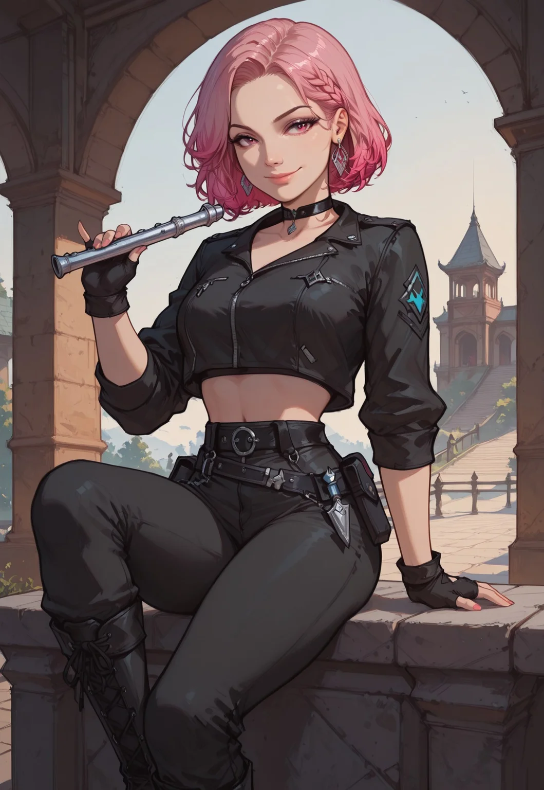 masterpiece, high_quality, highres, 1girl, sarcastic and sharp-witted servant of the goddess of melody, confident smirk, pink hair with gradient cyan tips, slightly messy pink hair in side braid with loose strands, asymmetrical servant uniform with black and silver tones, short ceremonial jacket over crop top, fingerless gloves, choker with music note charm, knee-high boots with scuffed edges, utility belt with scrolls and tuning tools, sly eyes, silver lyre-shaped earring, half-sitting on a stone railing, holding a small worn flute casually, background of an ancient courtyard under moonlight, floating faint musical sigils, mischievous divine servant vibe
,cinematic lighting, detailed shadows and highlights, colorful and high-quality composition, anime-style, ultra-detailed, vibrant colors, high-quality shading, semi-realistic lighting,solo, european style,(sketch:1.3),