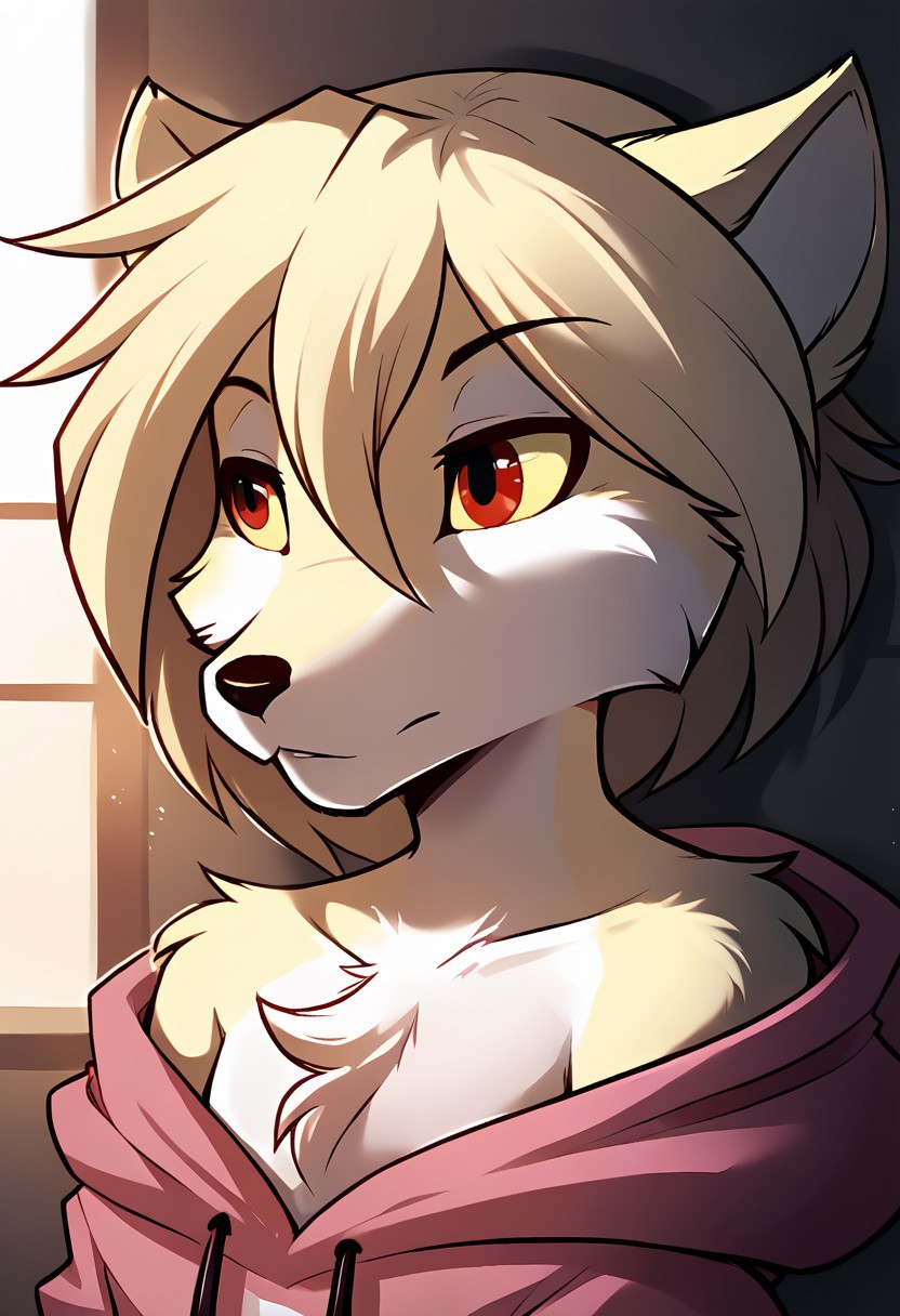 score_9, score_8_up, score_7_up,score_6_up,score_5_up, source_furry
BREAK
solo, furry male anthro, (((flat chest, chest focus, , close-up, from front, oversized hoodie, oversized clothing, off shoulder, pink hoodie,)))
BREAK
<lora:Clovis-Twokinds-SDXL-AnonTK-V2:0.85>, clovis-twokinds, keidran, mammal, fox tail, red eyes, yellow sclera, <lora:p:0.35>