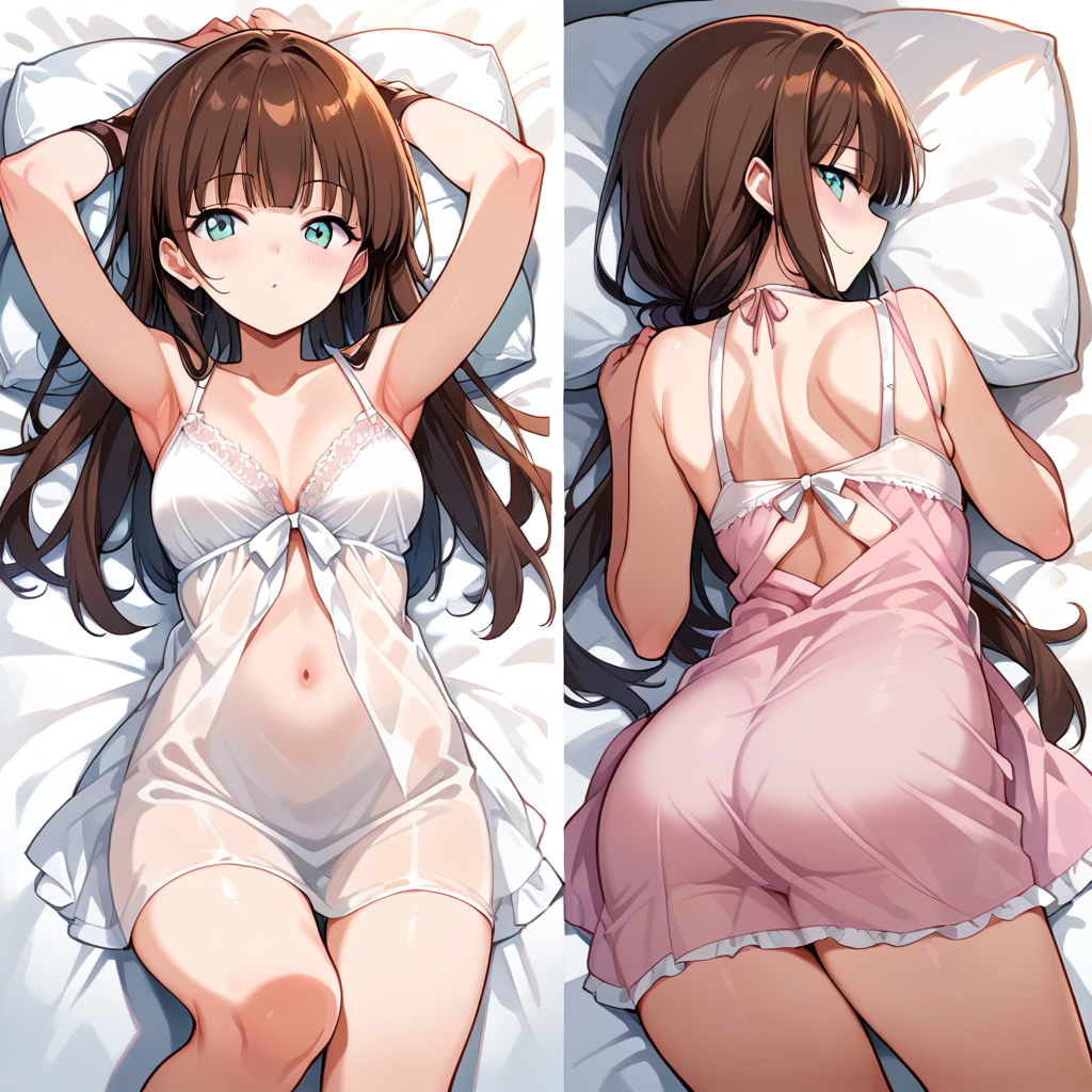 score_9, score_8_up, score_7_up,  <lora:Alaya:0.8> 4l4y4, on bed, nightgown, body pillow cover, multiple views, source_anime, ntm