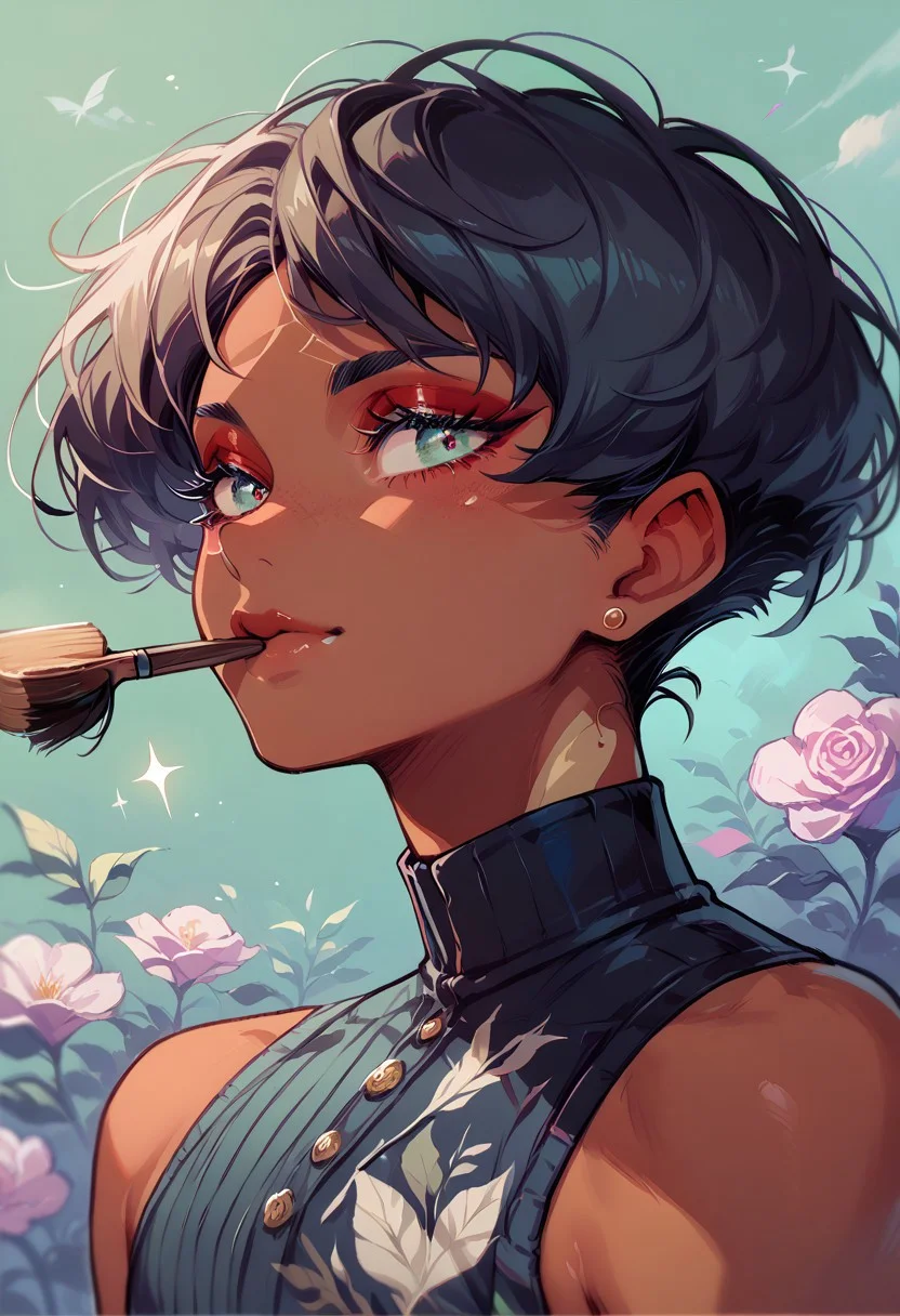 ((score_9, score_8_up, score_7_up)), ((sexy,curved, femboy, dark skinned)), Expressive brush strokes, Detailed art style, Vibrant colors, ng_deepnegative_v1_75t, aid291, easynegative, w4t3rc0l0ur