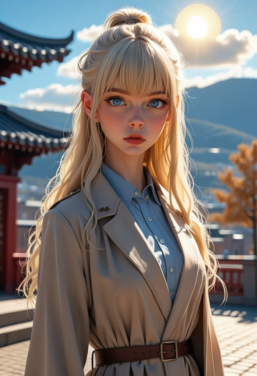Lea, 1girl, fair, porcelain-like skin, long platinum-blonde hair with bangs that frame her face, petite, slender figure, small nose, small breast, blue eyes,
,coat, trench coat, outdoors, city, sky, sun, clouds, looking at viewer, cowboy shot