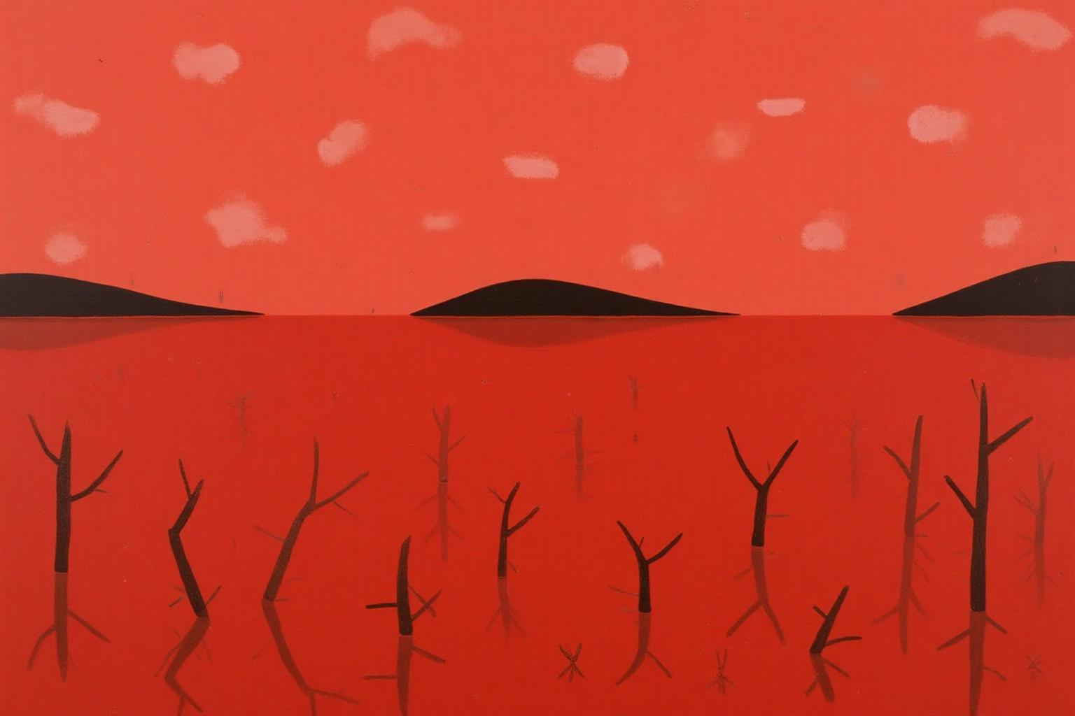 dorislee1 painting.
A barren landscape under a reddish-orange sky, suggesting either sunset or dusk. The sky is filled with scattered, wispy white clouds. The horizon line is marked by a low, dark silhouette of a small, rounded hill on the left and another, more elongated shape on the right.
There are dead trees at the bottom of the image.
 <lora:dorislee1_cap_d6a3:1.0><lora:834815065644477237:0>
