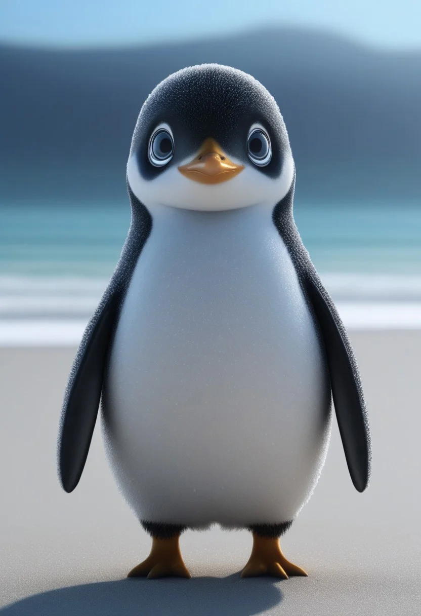 A penguin with big chibi eyes at the beach, surreal, dreamy, otherworldy, 4k, highly detailed, absolutely eye-catching, masterpiece, best quality, high quality, good quality, fr0stwrld, snow, ice, snowflakes
