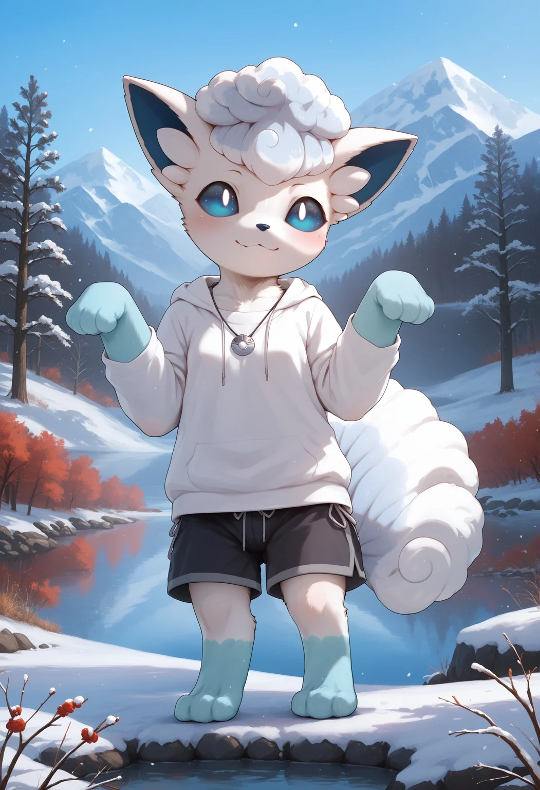 score_9, score_8_up, score_7_up, 8k, source_anime, snow, lake, forest,
BREAK
moc, (1girl, alolan_vulpix, pokemon (creature), anthro, blue eyes, tail), small breasts, blush, smile, oversized clothes, white hoodie, shorts, necklace, paw pose,
<lora:5b7dead8-0d27-4213-a698-0348d326732e:5.0>, , <lora:6a539bf7-60ae-4f60-b6cb-2f2390ac0380:1.0>, <lora:4b571537-d57c-4d84-9d24-d39fcf54c682:0.5>, <lora:0822f1bc-be9c-42f2-a563-5e7c17e10639:0.6>