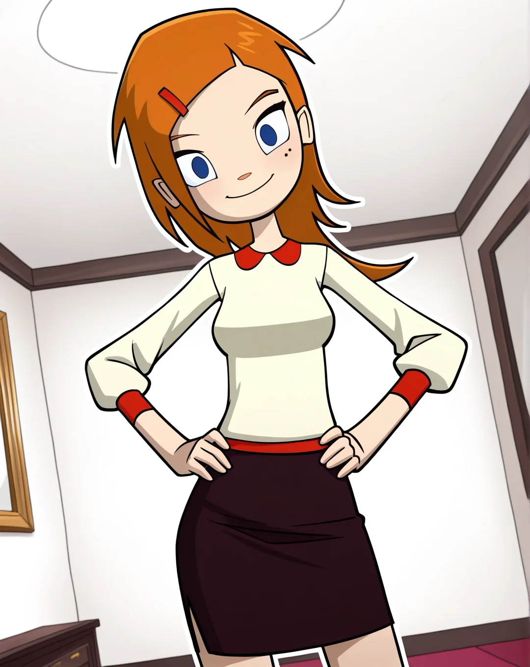 masterpiece, best quality, amazing quality, very aesthetic, absurdres, newest, solo, Heidi_WeinermanZYN, 1girl, solo, blue eyes, orange hair, hair clip, mole, (long-sleeved shirt,Black skirt), cowboy shot, looking at viewer, beautiful, ((beautiful face, beautiful eyes)), Wide Hips, Big thighs, standing,(smile, dutch angle, Hands on hips,naughty pose, looking at viewer, indoors, elegant room, solo, dynamic pose, full_body, head tilt,),((white background, White frame, white outline))