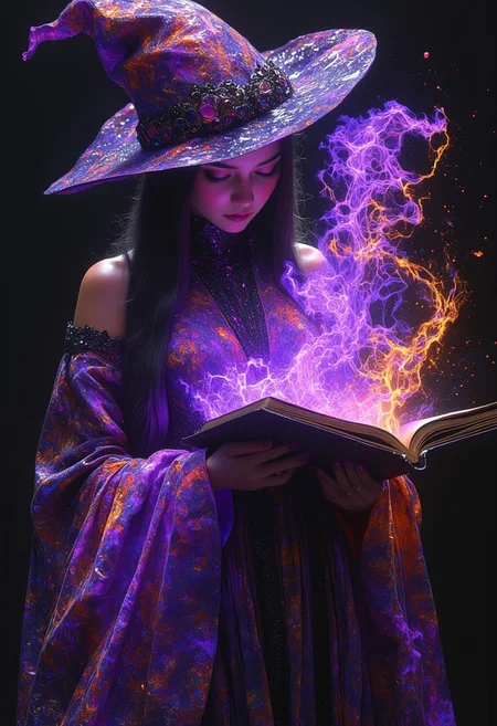 FFAIM, A witch casting colorful magic from her wand, purple black silver orange, magical particles in the air, hkmagic