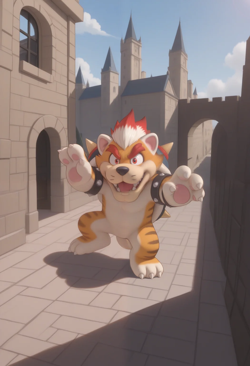 masterpiece,best quality, amazing quality, 1boy, solo, m30ws3r, furry male, chibi, cute,
castle,
