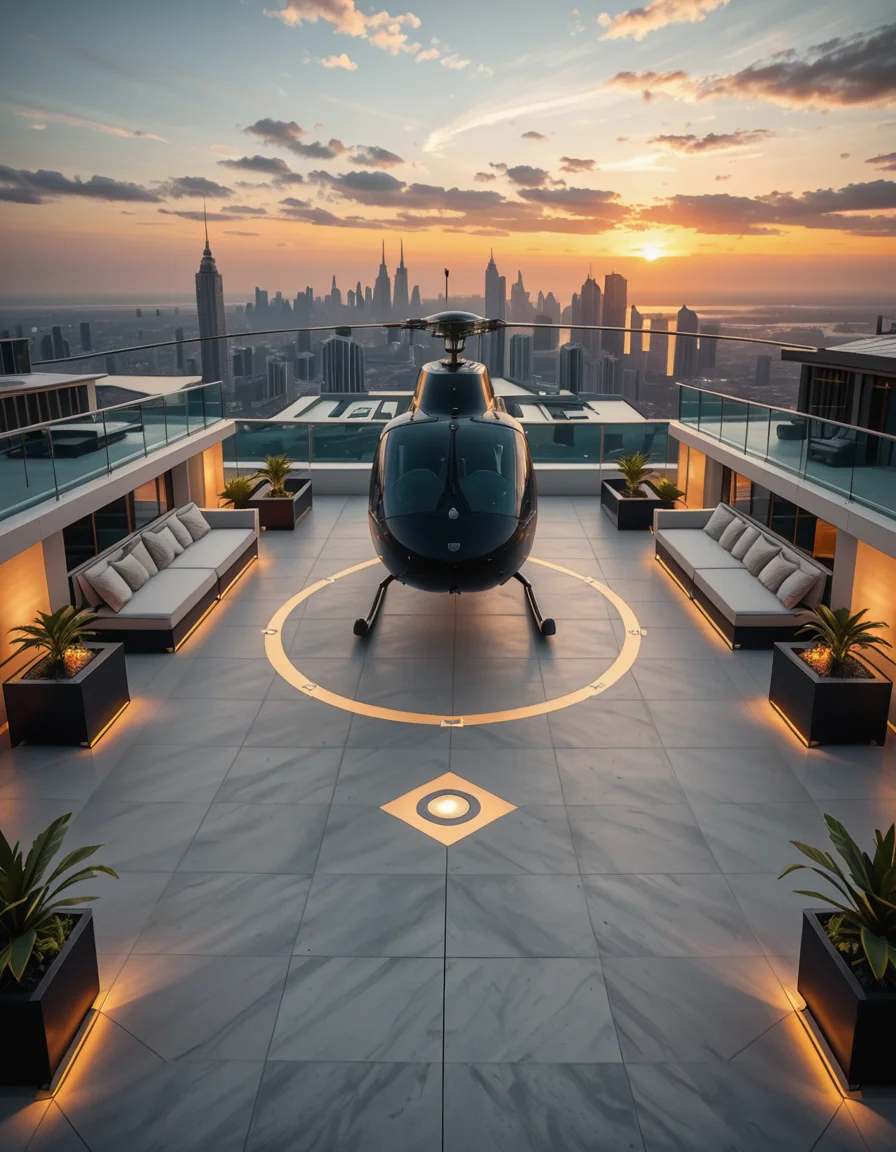A high-resolution photo of a luxurious rooftop of a five-star hotel at sunset, featuring a sleek helipad with a high-end, matte-black private helicopter elegantly parked. The rooftop is designed with ultra-modern architecture, featuring a spacious terrace with infinity-edge glass railings, ambient lighting, and a panoramic city skyline in the background. The surface of the helipad is clean, polished concrete with clear illuminated markings. Surrounding the helipad, there are lounge areas with modern outdoor furniture, minimalist fire pits, and decorative planters with tropical greenery. The lighting is warm and golden, casting soft shadows and highlighting the contours of the helicopter and the textures of the rooftop. The sky is dramatic, painted with hues of orange, pink, and violet, creating a cinematic atmosphere of luxury and exclusivity. The overall mood is elite, calm, and aspirational, showcasing the ultimate in urban luxury lifestyle.
<lora:SDXLFaeTastic2400:0.4> <lora:extremely_detailed:0.4> extremely detailed,helipad r00ft0p <lora:helipad_r00ft0p-i:1>, Masterpiece,best quality,hi res,8k,hi res,8k,award winning,(sharp focus, intricate, highly detailed),