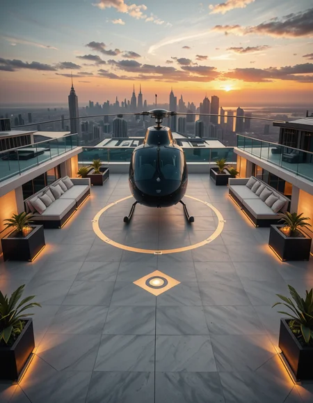 A high-resolution photo of a luxurious rooftop of a five-star hotel at sunset, featuring a sleek helipad with a high-end, matte-black private helicopter elegantly parked. The rooftop is designed with ultra-modern architecture, featuring a spacious terrace with infinity-edge glass railings, ambient lighting, and a panoramic city skyline in the background. The surface of the helipad is clean, polished concrete with clear illuminated markings. Surrounding the helipad, there are lounge areas with modern outdoor furniture, minimalist fire pits, and decorative planters with tropical greenery. The lighting is warm and golden, casting soft shadows and highlighting the contours of the helicopter and the textures of the rooftop. The sky is dramatic, painted with hues of orange, pink, and violet, creating a cinematic atmosphere of luxury and exclusivity. The overall mood is elite, calm, and aspirational, showcasing the ultimate in urban luxury lifestyle.
<lora:SDXLFaeTastic2400:0.4> <lora:extremely_detailed:0.4> extremely detailed,helipad r00ft0p <lora:helipad_r00ft0p-i:1>, Masterpiece,best quality,hi res,8k,hi res,8k,award winning,(sharp focus, intricate, highly detailed),