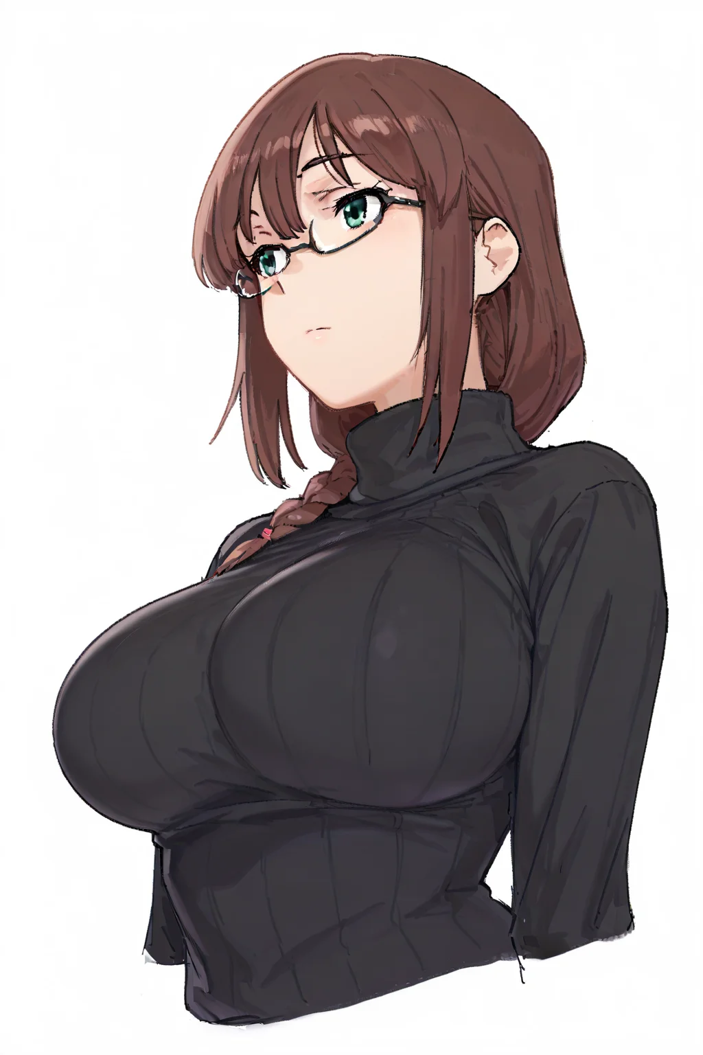 {{amazing quality, best quality, high quality, very aesthetic}}, 1girl, solo, simple background, brown hair, single braid, green eyes, glasses, expressionless, bangs, large breasts, black sweater, turtleneck
 <lora:Momo_no_suidousui_Illustrious:1>