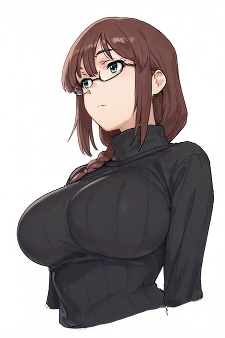 {{amazing quality, best quality, high quality, very aesthetic}}, 1girl, solo, simple background, brown hair, single braid, green eyes, glasses, expressionless, bangs, large breasts, black sweater, turtleneck
<lora:Momo_no_suidousui_Illustrious:1>