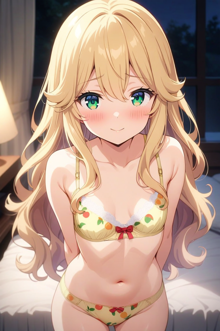 (masterpiece, best quality), highly detailed background, perfect lighting, best quality, (anime coloring:1.2), yumesakiharuko, 1girl, solo, looking at viewer, blush, embarrassed, smile, closed mouth, blonde hair, hair between eyes, wavy hair, very long hair, green eyes, small breasts, yellow bra, bow bra, yellow panties, bow panties, fruit print, underwear, arms behind back, standing, bedroom, dark room, night
