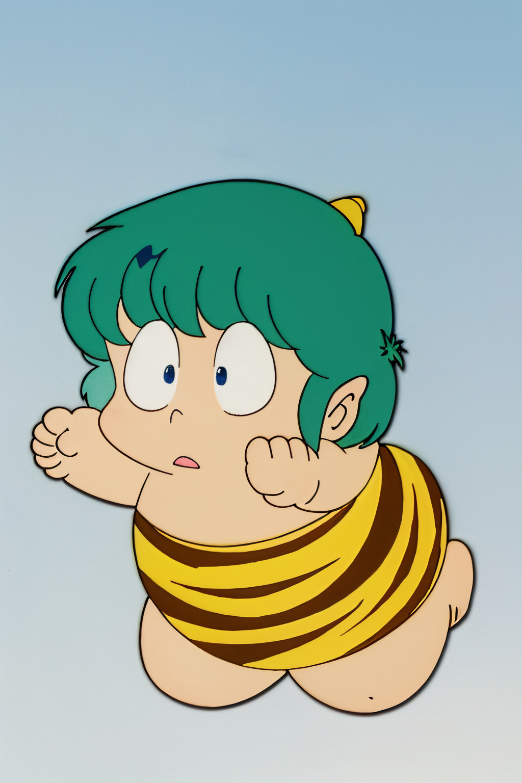 (Realistic:1.5) full body shot, solo, blue eyes, 1boy, swimsuit, male focus, green hair, horns, barefoot, pointy ears, strapless, frown, parody, aged down, animal print, oni horns, oni, retro artstyle, style parody, tiger print, male child, chibi, outstretched arms, A sparkling, crystal palace that glows in the light of the sun.,<lora:EdobUruseiYatsuraTen_v1.0:0.8>