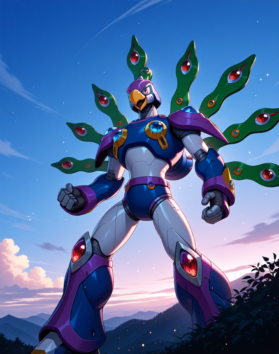 <lora:Cyber_Peacock_(Mega_Man_X)_(Illustrious)_(AD):1> Cyber Peacock, reploid, MMX, 
exterior, blue sky with clouds,
male focus, intense shadows, dynamic shadows, intricate details, attention to details, gradient coloring, robot, beak, 
BREAK very awa, masterpiece, best quality, amazing quality, very aesthetic, highres, absurdres, 
EZRealPONYXL, zPDXL, Smooth Quality, lazynsfw,