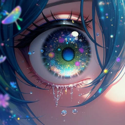 multiple boys, glasses, upper body, a close up of a person's eye with water droplets, a girl with long hair and big eyes, crying with eyes open, tears, eyeball, blush, green eyes, portrait, a girl with blue eyes and a blue hair, a close up of a person's eye with a lot of flowers, constellation, medium hair, artist name