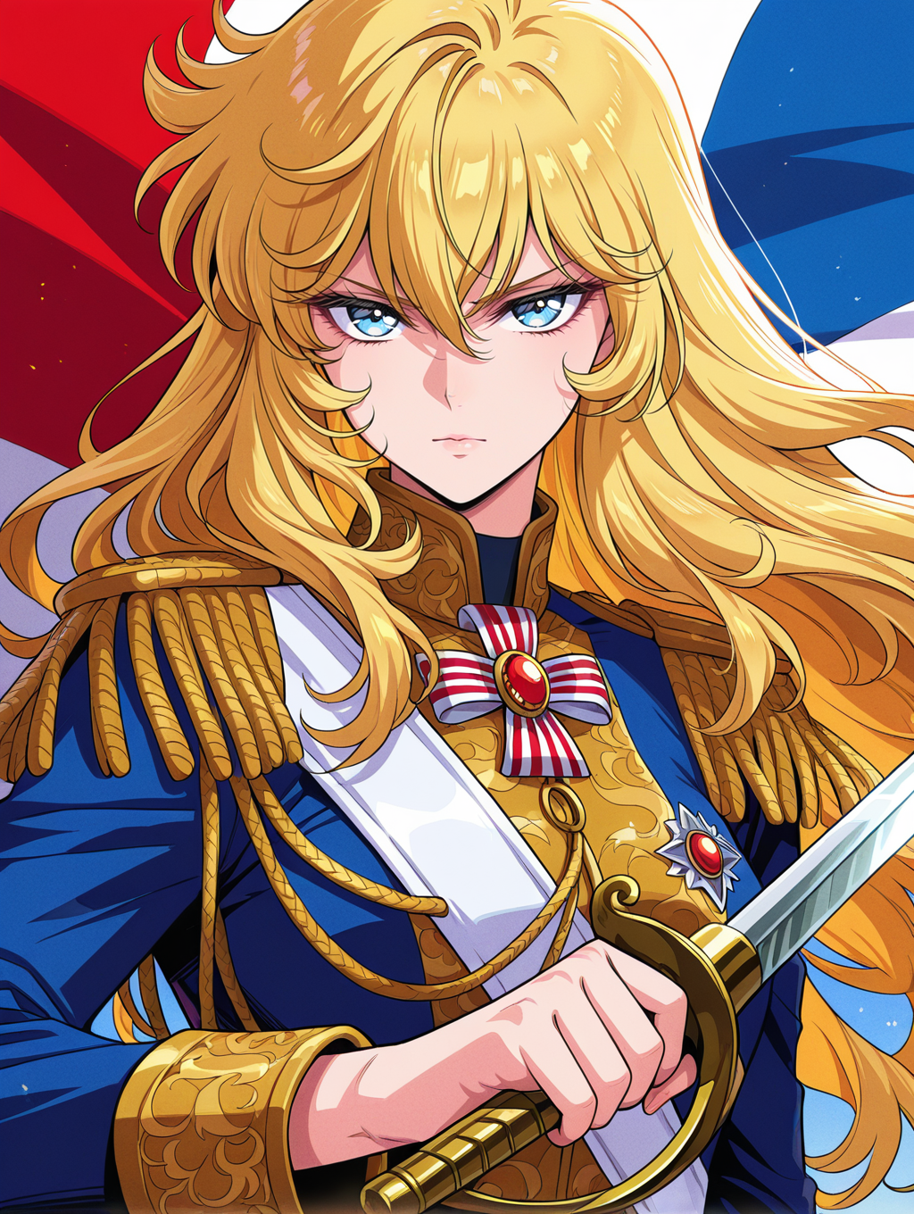 retro artstyle,1girl,oscar francois de jarjayes,solo,gold epaulettes,looking at viewer,french flag,rapier,holding rapier,serious,upper body,closed mouth,blue coat,blue military uniform,
masterpiece,best quality,amazing quality,very aesthetic,absurdres,newest,<lora:oscar_francois_de_jarjayes illusXL v1:0.72>,