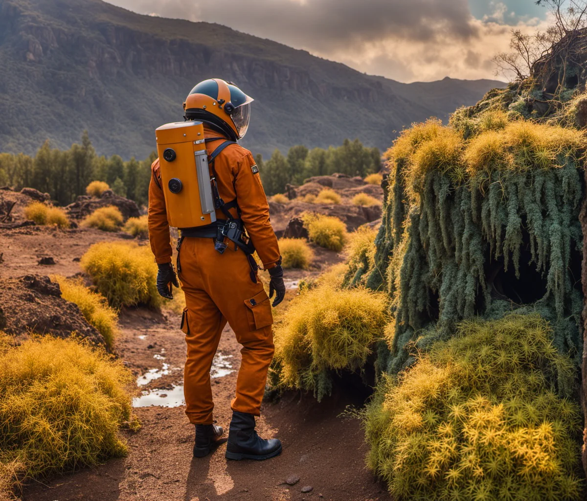 cinematic film still breathtaking scifi, (1 man portrait fullbody adventurous explorer:1.3) looking at epic mars desert metal futuristic base, weary dusty orange spacesuit style overall, stains, , architecture overcome with moss|fungi, toxic water pond, overgrown (blue vines with flowers:1.3), grit, old weary texture,(yellow cloudy sky:1.2), mist
<lora:Overgrown-SDXL-b:0.85> <lora:BarnumAtelier-SDXLa:0.5> <lora:Grit-SDXL:1> <lora:Cloudify-SDXL:0.1> (night scene:1.3)olumetric lights . award-winning, professional, highly detailed . shallow depth of field, vignette, highly detailed, high budget Hollywood movie, bokeh, cinemascope, moody, epic, gorgeous, film grain, grainy