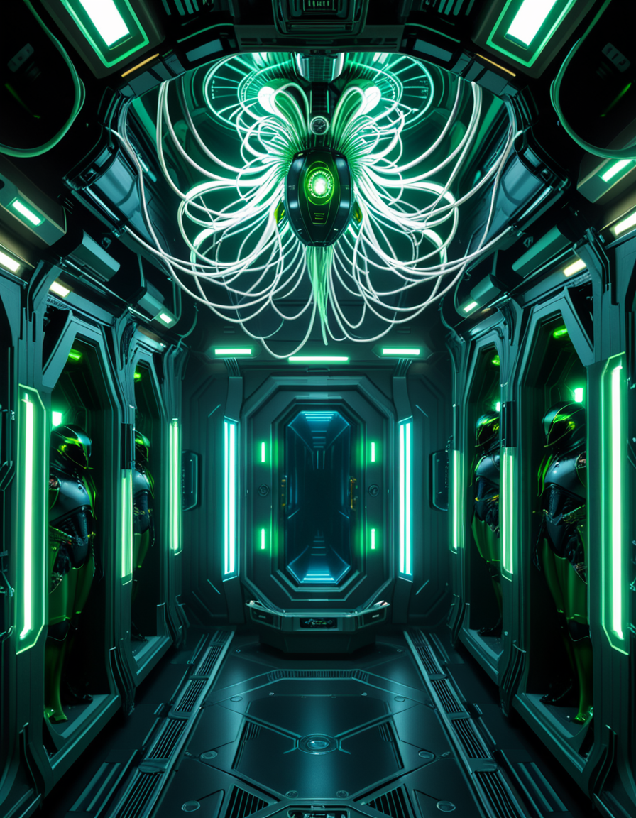 A dark, oppressive regeneration chamber deep within a Borg vessel â a biomechanical environment where drones return to recharge and interface with the collective. The chamber is dimly lit with pulsating green and white lights that flicker through dense shadows. The walls are lined with vertical alcoves, each containing a Borg drone standing motionless, plugged into the system via biomechanical tendrils, tubes, and neural interfaces embedded into their bodies.
The surfaces of the room are a fusion of metallic plating, organic texture, and cybernetic growths â as if the ship itself is alive, constantly shifting and adapting. Steam hisses softly from vents near the floor, and faint mechanical whirring echoes through the chamber. Fiber optic cables pulse with data transmissions, running across the ceiling like glowing veins. 
Above, a central neural conduit hangs like a mechanical spine from the ceiling, branching out and connecting to each alcove, feeding the collective hive mind with real-time information. The atmosphere is cold, sterile, and unnervingly silent â a place devoid of individuality, where only the will of the collective exists. There is no comfort here, only efficiency, order, and total control. 
<lora:SDXLFaeTastic2400:0.4> <lora:extremely_detailed:0.4> extremely detailed,<lora:borg_recharge_ch4mb3r:1>,borg recharge ch4mb3r, Masterpiece,best quality,hi res,8k,hi res,8k,award winning,(sharp focus, intricate, highly detailed),
