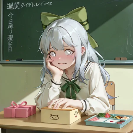 lazypos, character focused, anime girl, silver hair, long hairstyle, school uniform, white blouse, green ribbon, blushing face, nervous expression, sitting pose, classroom setting, bento box, handheld gift, comedic mood, awkward situation, soft shading, modern anime, expressive eyes, light background, subtle highlights, slice-of-life style, AkiFnStyle