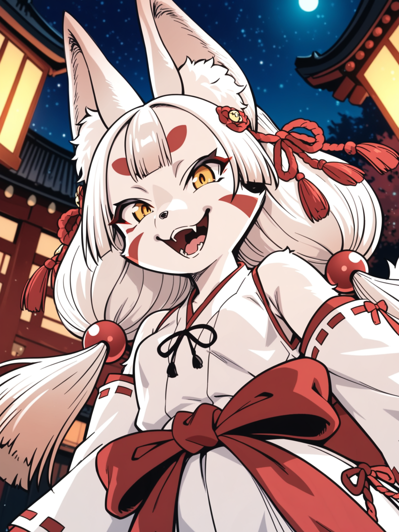 <lora:happy_tentacle-junkohaku-v0.1:0.9>, ht_junkohaku, hair ornament, jingle bell, fox tail, yellow eyes, small breasts, white fur , smile, open mouth, outdoors, night cowboy shot, 1girl, (petite:1.2), solo focus, (looking at viewer:1.1), sidelighting, (depth of field:0.8), (from below:0.8), score_9, score_8_up, score_7_up, score_6_up, score_5_up, score_4_up