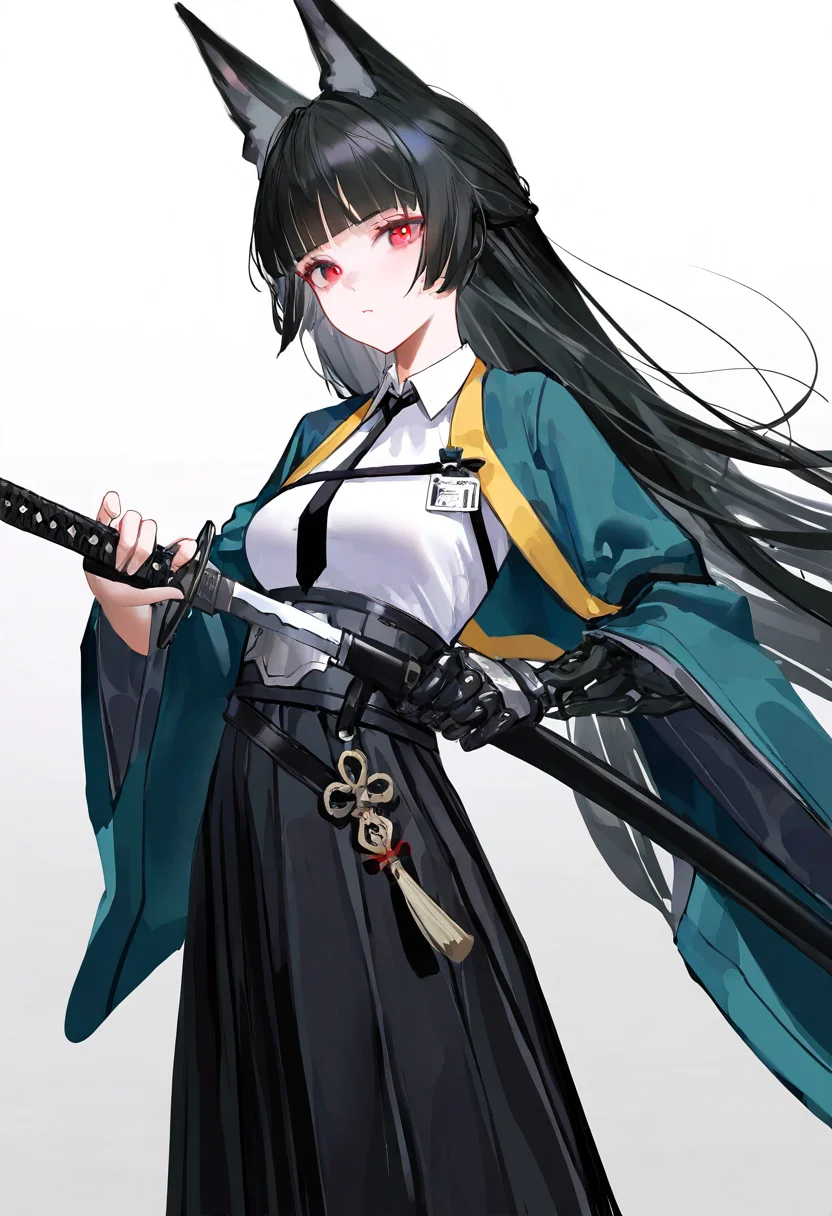 1girl, hoshimi miyabi, weapon, solo, sword, holding sword, holding, holding weapon, necktie, black necktie, black skirt, shirt, skirt, white shirt, sheath, looking at viewer, fingerless gloves, katana, gloves, holding sheath, collared shirt, breasts, black gloves, unsheathing, mechanical arms, pantyhose, simple background, closed mouth, id card, single mechanical arm, white background, black pantyhose, wide sleeves, grey background, single fingerless glove, gradient background, medium breasts, fox girl
(artist:reoen:0.826446),artist:machi,(artist:ningen_mame:0.9),(artist:sho_(sho_lwlw):0.9),(artist:rhasta:0.9),(artist:wlop:0.7),(artist:ke-ta:0.6),(fkey:0.5),(tianliang duohe fangdongye:0.5),(hiten \(hitenkei\):0.6),best quality,amazing quality,(artist:onineko:0.826446),very aesthetic,
masterpiece,year 2024,newest,highres,absurdres,
<lora:xingjianya_NoobVpred65S:1>,