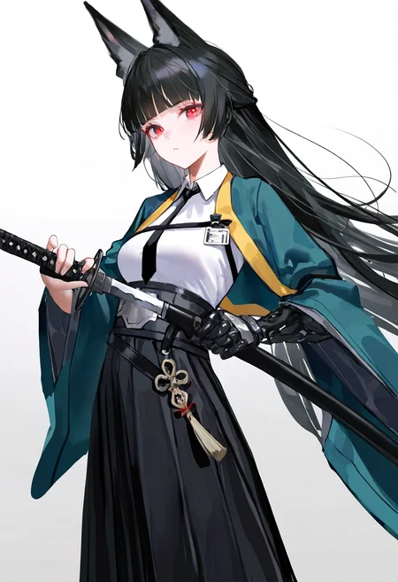 1girl, hoshimi miyabi, weapon, solo, sword, holding sword, holding, holding weapon, necktie, black necktie, black skirt, shirt, skirt, white shirt, sheath, looking at viewer, fingerless gloves, katana, gloves, holding sheath, collared shirt, breasts, black gloves, unsheathing, mechanical arms, pantyhose, simple background, closed mouth, id card, single mechanical arm, white background, black pantyhose, wide sleeves, grey background, single fingerless glove, gradient background, medium breasts, fox girl
(artist:reoen:0.826446),artist:machi,(artist:ningen_mame:0.9),(artist:sho_(sho_lwlw):0.9),(artist:rhasta:0.9),(artist:wlop:0.7),(artist:ke-ta:0.6),(fkey:0.5),(tianliang duohe fangdongye:0.5),(hiten \(hitenkei\):0.6),best quality,amazing quality,(artist:onineko:0.826446),very aesthetic,
masterpiece,year 2024,newest,highres,absurdres,
<lora:xingjianya_NoobVpred65S:1>,