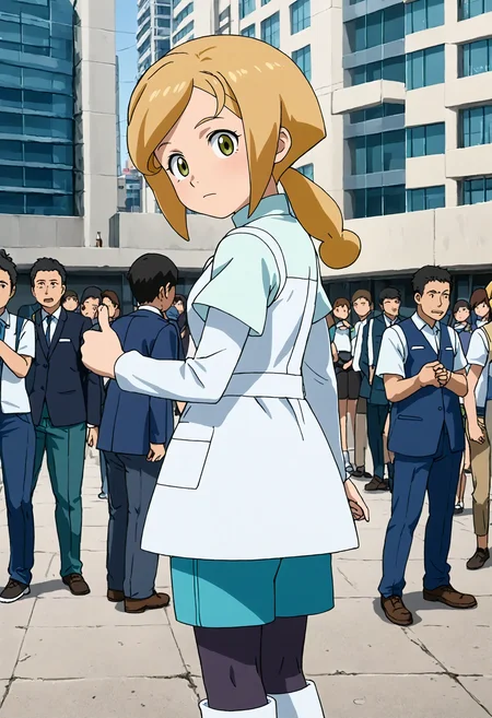 <lora:Hyper-SDXL-8steps-lora:1> <lora:Fixhands_anime_bdsqlsz_V1:1> zPDXL2, score_9, score_8_up, score_7_up, source_anime, intricate details, perfect anatomy BREAK
outdoors, city, tokyo, japan, audience, crowd, standing ,thumbs up, from side,  looking at viewer,  head tilt, Dopey, Wide-eyed, slack-jawed, and with a goofy expression., 1girl, solo, solo focus, 
<lora:GAGE-wendy_hearts_XL(pony)v10:1> gage-wendy, blonde hair, low ponytail, GAGE-wendy outfit, white dress, green shorts, black pantyhose, white boots,