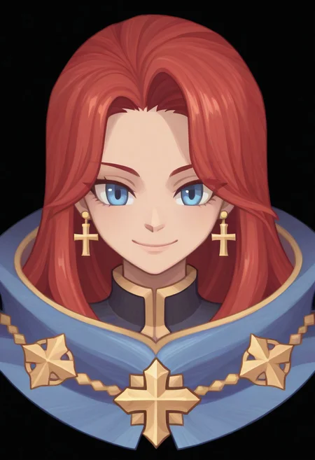 (Black background) <lora:afkArenaIllustrious:1>
afkArenaStyle, 1girl, female, solo, portrait, female focus, red hair, blue eyes, long hair, light skin, smile, looking at viewer, beautiful, blue cloak with gold trimming, cross earrings
Ragnarok online character
ROSPRITE