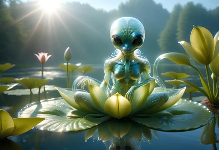 <lora:tranzp:1> tranzp style, a transparent creature with clear glass skin sitting on a lily pad in a lake <lora:cyberanatomy:0.4> cyberanatomy, blood vessels, intestines, colon, small intestine, guts, unidentifiable alien organs, nervous-system, teeth, smiling,  <lora:artfullyALIEN_SDXL_V1:0.6> artln