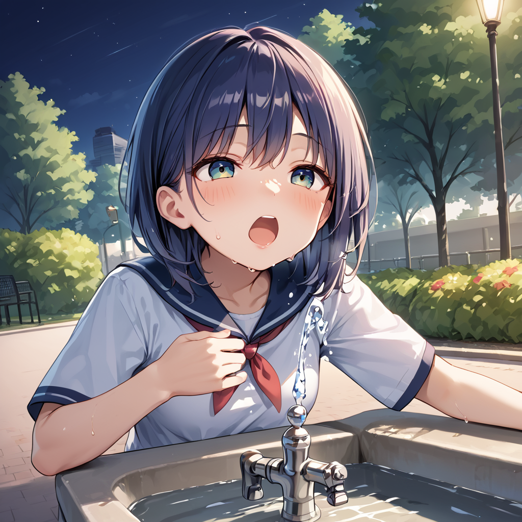 score 9,score_8_up,score_7_up,park,1girl,woman 
 <lora:drinking_fountain:0.8> drinking_fountain ,drink_water,  open mouth, faucet,
BREAK outdoors, park, night time, sweaty,