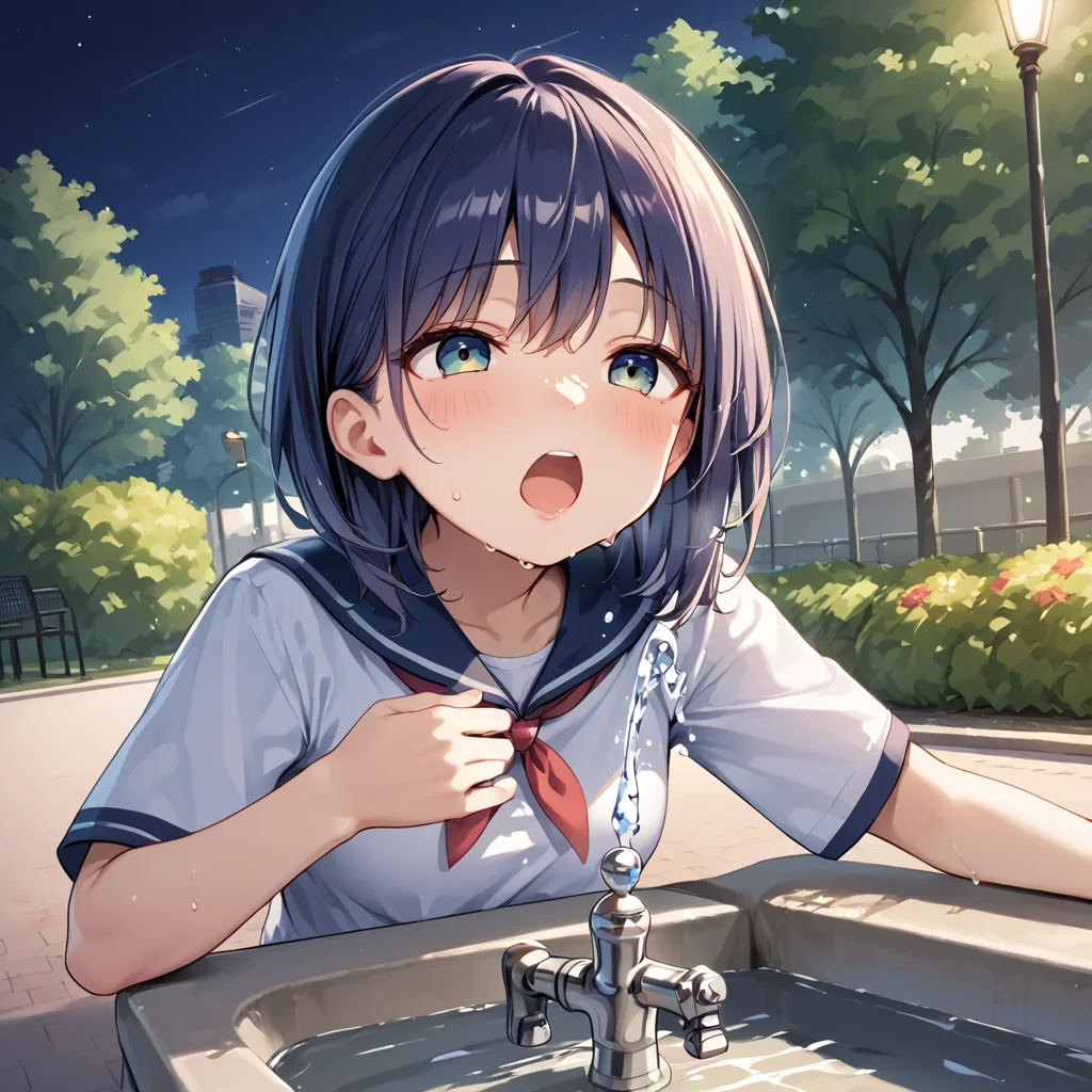 score 9,score_8_up,score_7_up,park,1girl,woman
<lora:drinking_fountain:0.8> drinking_fountain ,drink_water, open mouth, faucet,
BREAK outdoors, park, night time, sweaty,