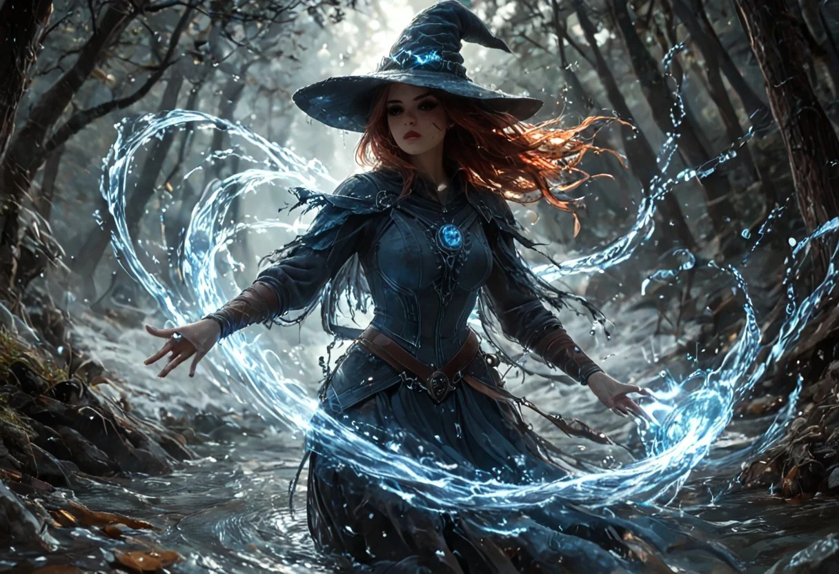score_9, score_8_up, score_7_up, 1girl, 19 year old, casting magic spell, (duel, witches hat, witch steel armour, water spell, magic spell casting, action shot), ((witches hat)), (fire sword:0.9), fighting off-screen enemy, forest, spooky, haunted, water element, autumn, masterpiece, outdoor, curvy body, cute, red hair, determined expression, rain, windswept hair, (head and shoulder photography:1.1), portrait photography:0.8), pretty girl, grainy, (cold icy weather, dramatic lighting, dark theme, night time, backlit, <lora:RealisticSkinv1_ponyv6_loraplus:1.15:start=15>real skin, freckles, mole, dirty skin, looking at camera