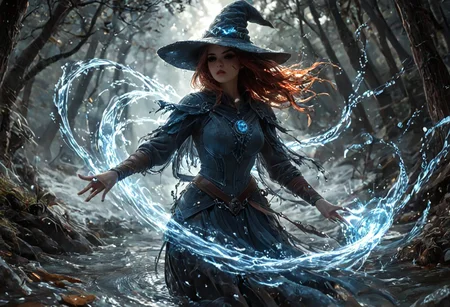 score_9, score_8_up, score_7_up, 1girl, 19 year old, casting magic spell, (duel, witches hat, witch steel armour, water spell, magic spell casting, action shot), ((witches hat)), (fire sword:0.9), fighting off-screen enemy, forest, spooky, haunted, water element, autumn, masterpiece, outdoor, curvy body, cute, red hair, determined expression, rain, windswept hair, (head and shoulder photography:1.1), portrait photography:0.8), pretty girl, grainy, (cold icy weather, dramatic lighting, dark theme, night time, backlit, <lora:RealisticSkinv1_ponyv6_loraplus:1.15:start=15>real skin, freckles, mole, dirty skin, looking at camera